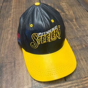 Pittsburgh Steelers Leather Hat NFL Black Yellow‎ Embroidered One Size vintage